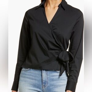 Halogen Black Collared Wrap Top XS Petite